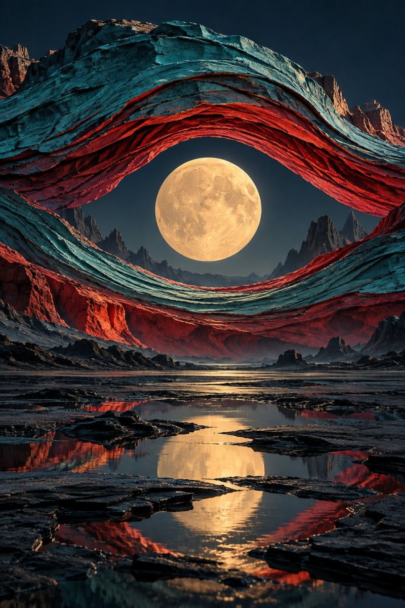 Lune nuit ciel rocher eau reflet montagne rocheux rivage falaise paysage surréaliste avec une grande pleine lune en son centre. La lune est brillante et pleine, projetant une douce lueur sur le terrain environnant. Le paysage est composé de grandes formations rocheuses ondulées peintes dans des tons de rouge, de bleu et de vert. Ces roches forment une arche naturelle, encadrant la lune et créant une sensation de profondeur et de perspective. Le ciel au-dessus est sombre, ce qui accentue la luminosité de la lune. Sous l'arche, un plan d'eau reflète les couleurs des rochers et de la lune, ce qui ajoute à la qualité onirique de la scène. L'eau est calme, avec des ondulations et des reflets qui créent une atmosphère sereine.