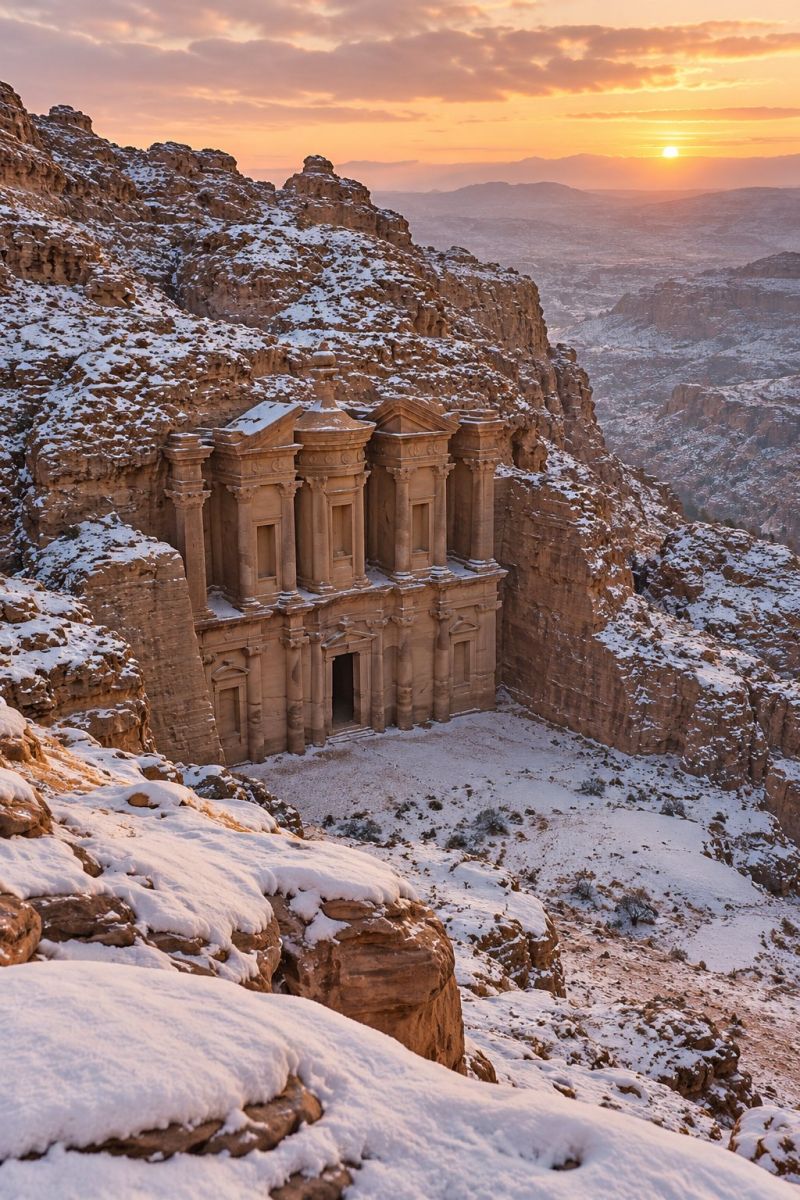 Ancien architecture batiment grotte ville falaise desert geologie histoire montagne air roche neige coucher soleil temple voyages vue imprenable sur l'ancienne ville de Pétra, en Jordanie, sculptée dans les falaises de grès rouge. La ville est entourée de montagnes escarpées couvertes de neige, et la neige ajoute une touche de magie hivernale au paysage. Le soleil se couche au loin, projetant une lumière chaude et dorée sur le paysage. Le ciel est un mélange de teintes orange et rose, créant une atmosphère sereine et pittoresque. L'architecture ancienne de Pétra, avec ses sculptures et ses colonnes complexes, se dresse majestueusement sur fond de montagnes enneigées. La scène est à la fois impressionnante et paisible, mettant en valeur la beauté de la nature et le savoir-faire humain.