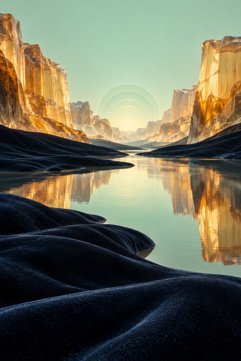 Montagne eau reflexion roche rocheuse formation falaise rivage surface mur paysage serein traversé par une rivière, entouré d'imposantes formations rocheuses. Les rochers sont de couleur dorée et reflètent la lumière chaude du soleil couchant. L'eau est calme et reflète les teintes dorées des rochers, créant un reflet harmonieux. Le ciel au-dessus est d'un vert pastel doux, passant à une teinte plus claire à mesure qu'il se rapproche de l'horizon. La scène générale est tranquille et pittoresque, les éléments naturels se mélangeant parfaitement.