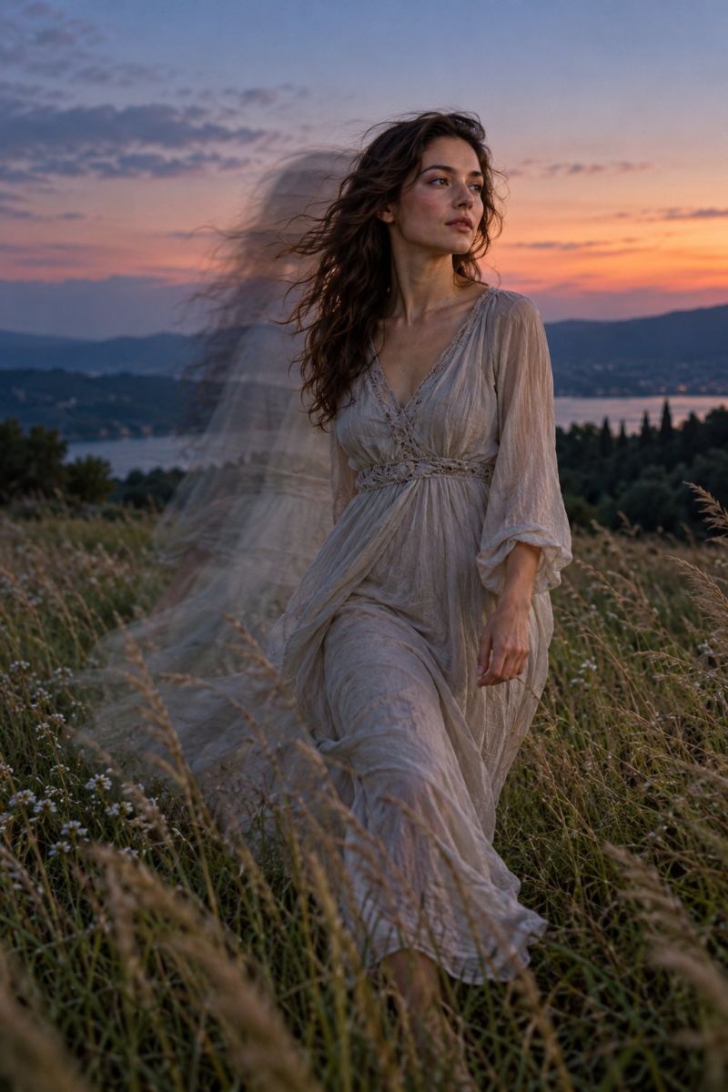 Femme robe champ coucher soleil ciel montagne lac arbres herbe fleurs cheveux main pied ombre reflet nature beaute liberte Une femme aux longs cheveux bouclés se tient debout dans un champ d'herbe au coucher du soleil. Elle porte une robe fluide de couleur claire avec un profond décolleté en V et une taille cintrée. Sa robe flotte dans la brise et ses cheveux coulent derrière elle. L'arrière-plan présente un paysage serein avec des montagnes, un plan d'eau et un ciel peint dans des tons orange et rose. La scène capture un moment de tranquillité et de beauté.