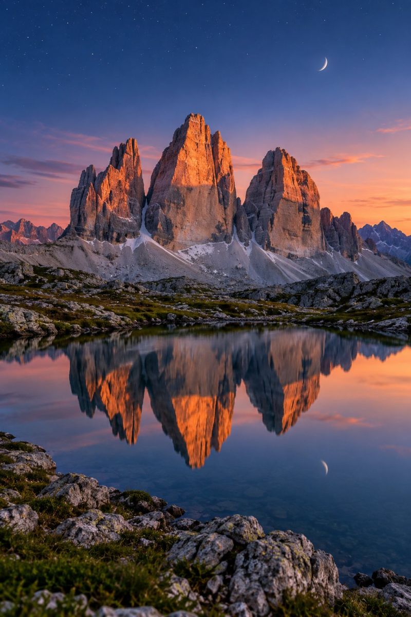 Montagnes reflet lac ciel coucher soleil nature rochers eau soiree horizon nuages lune arbres herbe rocher colline rocheux montagne chaine L'image capture un paysage de montagne à couper le souffle au coucher du soleil. Le ciel est d'un bleu profond, parsemé d'étoiles, et le croissant de lune est visible dans le coin supérieur droit. Les montagnes sont accidentées et escarpées, avec des sommets abrupts et quelques plaques de neige. Les rochers sont un mélange de gris et de brun, et le sol est recouvert de plaques d'herbe verte. Les montagnes se reflètent dans un plan d'eau calme, créant une image miroir de la scène. L'eau est d'un bleu profond et le reflet des montagnes est clair et vibrant. La scène générale est sereine et majestueuse, avec un sentiment de tranquillité et d'émerveillement.