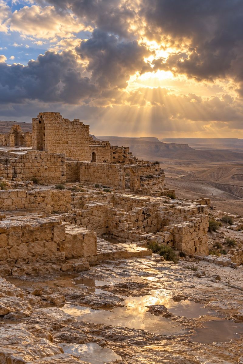 Ancient architecture building castle cloud cloudy desert deserted dry dust dusty fort fortification fortified forts town village wall walls dramatic landscape with a large stone structure, possibly a ruin, set against a back of a vast desert. The stone structure is made of large, weathered stones and appears to be in a state of partial collapse. The sky above is a mix of bright sunlight and dark, stormy clouds, with rays of sunlight piercing through the clouds, casting a warm glow on the scene. The foreground shows a rocky terrain with patches of water, likely from recent rain, reflecting the sunlight. The distant horizon reveals a rugged, mountainous landscape, adding to the sense of isolation and grandeur.