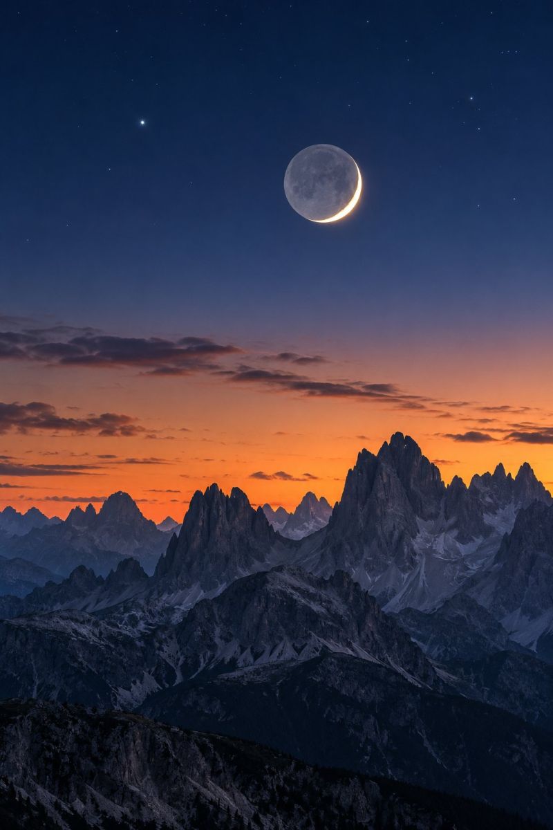 Montagnes ciel nuit coucher soleil nuages horizon etoiles lune croissant sombre rocheux sommets vallee atmosphere reflet ombre nature croissant de lune dans le ciel nocturne, avec une étoile brillante visible à proximité. Le ciel est d'un bleu profond, passant à une teinte orange chaude près de l'horizon, indiquant le soleil couchant. Sous le ciel, une chaîne de montagnes déchiquetées s'étend à travers le paysage, dont les sommets sont recouverts de neige. Les montagnes se profilent sur le ciel orange, créant un contraste saisissant. Le premier plan est sombre, avec quelques arbres et des affleurements rocheux visibles. La scène générale est sereine et majestueuse, capturant la beauté d'un ciel nocturne sur un terrain montagneux.