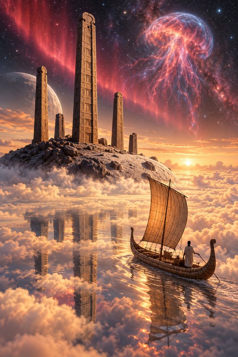 Boat canoe canoeing cloud clouds cosmos extraterrestrial fantasy fictional galaxy helmet helmsman helmsmanship imagination journey moon oar outer spac In the foreground, a small boat with a triangular sail glides through a sea of clouds. The boat is manned by a person in a white robe, holding a long oar. The boat's reflection is visible on the water below. Behind the boat, a large, glowing jellyfish floats in the sky. In the background, a series of tall, ancient stone pillars stand on a rocky outcrop, with a large moon visible in the sky. The sky is filled with stars and nebulae, and the sun is setting in the distance.