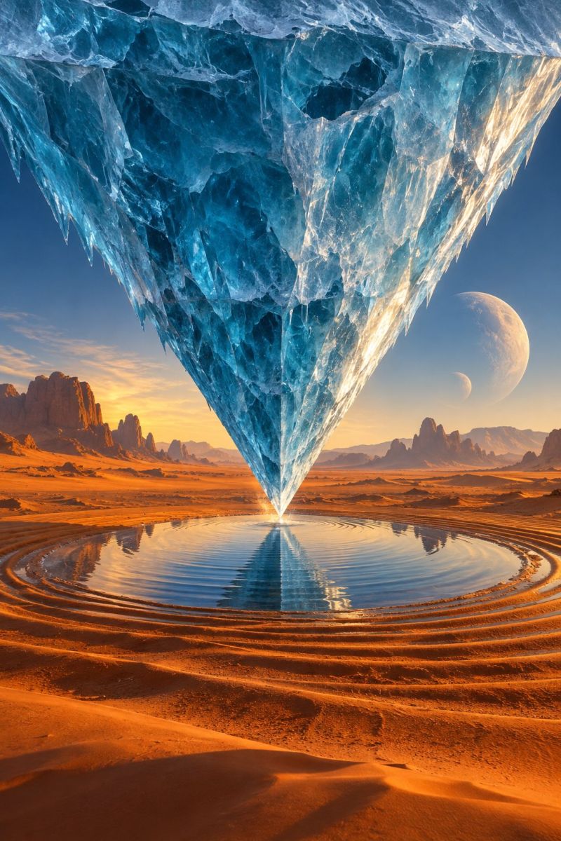 Iceberg water reflection sky sun sunset desert rock mountain planet moon space nature outdoors horizon shadow A large, intricately detailed ice crystal floats above a desert landscape. The crystal is a deep blue color, with intricate patterns and a few icicles hanging from its edges. Below the crystal, there is a small, circular body of water reflecting the crystal and the sky above. The desert is vast and sandy, with a few rocky outcrops visible in the distance. The sky is a deep blue, with a large planet visible in the distance, partially eclipsed by a smaller moon. The scene is surreal and otherworldly, with a sense of wonder and mystery.