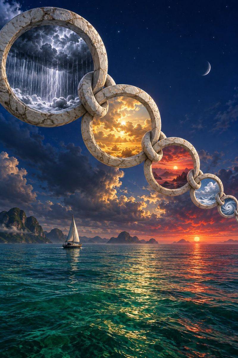 Ocean bateau ciel eau nuage coucher soleil mer montagne reflet tempete nature nuages vagues horizon ile série d'anneaux de pierre interconnectés flottant au-dessus d'une scène océanique sereine. Chaque anneau présente un phénomène naturel différent : l'un montre un ciel orageux avec de la pluie, un autre un coucher de soleil aux teintes chaudes et le troisième un paysage nuageux serein. Les anneaux sont reliés par des chaînes en pierre, créant un motif circulaire. En contrebas, un voilier survole les eaux calmes, avec des îles lointaines et un soleil couchant projetant une lueur dorée à l'horizon. Le ciel est parsemé d'étoiles et un croissant de lune est visible. La scène d'ensemble évoque un sentiment de tranquillité et le passage du temps.