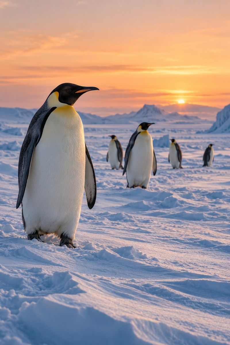 Penguin snow wildlife antarctica nature sunset ice bird outdoors animal sea cold sky mountain group walking autumn conservation A group of Emperor penguins are standing on a snowy surface, facing the setting sun. The penguin in the foreground has a black head and neck, a yellow patch on its chest, and a black tail. The other penguins are in the background, also facing the sun. The sky is orange and pink, indicating the sunset. In the distance, there are mountains covered in snow.