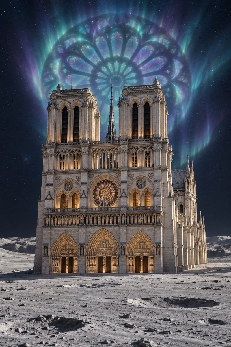Architecture aurora cathedral church creativity decoration fantasy fictional gothic imagination medieval moon night space building exterior people grand cathedral set against a back of the moon's surface. The cathedral is a Gothic architectural marvel, with two tall, pointed towers and a large, intricate rose window at the center. The towers are adorned with spires and detailed carvings, and the facade is illuminated by warm, golden light from within, casting a glow on the surrounding area. Above the cathedral, a stunning aurora borealis-like light display in shades of green, purple, and blue creates a surreal and magical atmosphere. The sky is dark, with stars visible, and the moon's surface is rocky and barren, adding to the otherworldly setting.