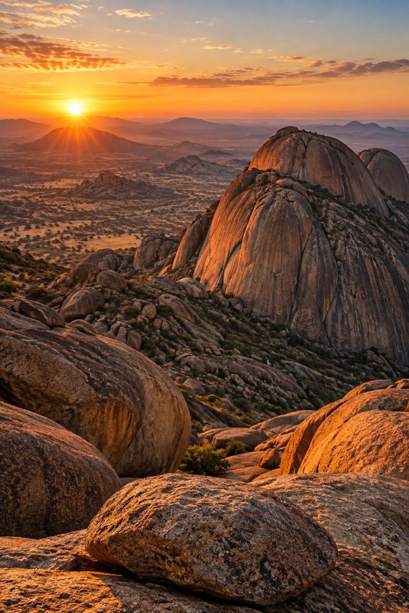 Rock mountain rocks hill sunset sky stone rocky formation cliff side scenery The image captures a breathtaking sunset over a rugged, mountainous landscape. The sun is setting on the horizon, casting a warm, golden glow across the scene. The sky is a mix of deep oranges and soft pinks, with wispy clouds adding texture. In the foreground, there are large, jagged rocks and boulders, some of which are partially shaded, creating a dramatic contrast. The mountains in the background are rugged and steep, with a few smaller hills visible. The terrain is arid, with sparse vegetation, and the overall atmosphere is serene and majestic.