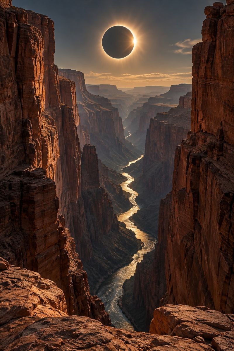 Canyon soleil riviere rocher montagne ciel lever coucher nature air eau falaise vallee colline rocheux gorge panorama formation L'image offre une vue imprenable sur un canyon traversé par une rivière. Le soleil est partiellement éclipsé, créant une silhouette spectaculaire sur le ciel. Les parois du canyon sont abruptes et accidentées, avec une couleur brun rougeâtre. La rivière est étroite et sinueuse, reflétant la lumière dorée du soleil couchant. Le ciel est un mélange de teintes orange et bleu, avec quelques nuages éparpillés. La scène générale est sereine et majestueuse, mettant en valeur la beauté de la nature.