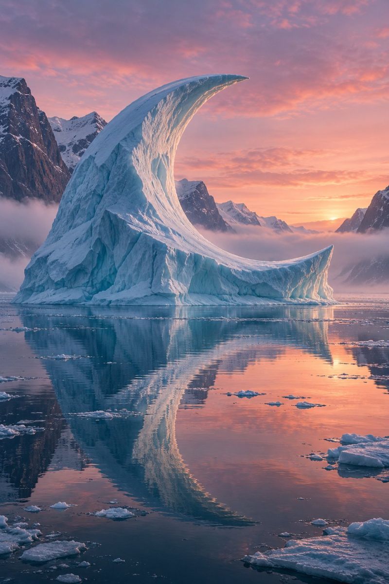 Iceberg eau reflet coucher soleil montagne ciel nuage ocean glace glacier nature mer horizon brouillard beaute calme tranquillite Un gros iceberg flotte dans l'océan, sa surface reflétant les teintes roses et oranges du soleil couchant. L'iceberg a une forme unique en forme de croissant avec un bord lisse et arrondi et un fond irrégulier et irrégulier. L'eau qui l'entoure est calme, avec quelques petits blocs de glace flottant à proximité. En arrière-plan, il y a des montagnes aux sommets enneigés et le ciel est rempli de nuages. La scène générale est sereine et pittoresque, avec l'iceberg qui se distingue comme un élément saisissant du paysage.