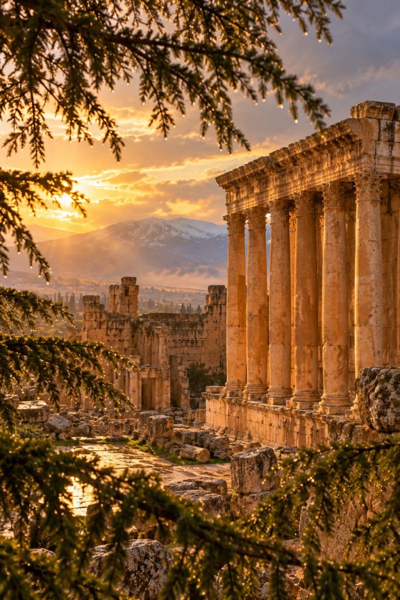 Ruines architecture antiquite histoire voyages tourisme air lever soleil montagnes ciel nuages arbres nature batiment pierre piliers baalbek liban cen L'image montre les ruines antiques de Baalbek, au Liban, baignées par la lumière chaude et dorée du soleil couchant. Le premier plan est dominé par une rangée de hautes colonnes de pierre patinées, certaines étant toujours debout tandis que d'autres sont tombées. Ces colonnes font partie d'une grande structure, peut-être un temple ou une basilique, dont les vestiges de murs et d'arches sont visibles. Le ciel au-dessus est un mélange de rose pâle et de gris, ce qui indique la fin de la journée. À l'arrière-plan, une chaîne de montagnes majestueuse est partiellement recouverte de neige, ce qui ajoute une touche de grandeur et d'intemporalité à la scène. L'atmosphère générale est sereine et propice à la réflexion, les ruines étant les témoins silencieux du passage du temps.