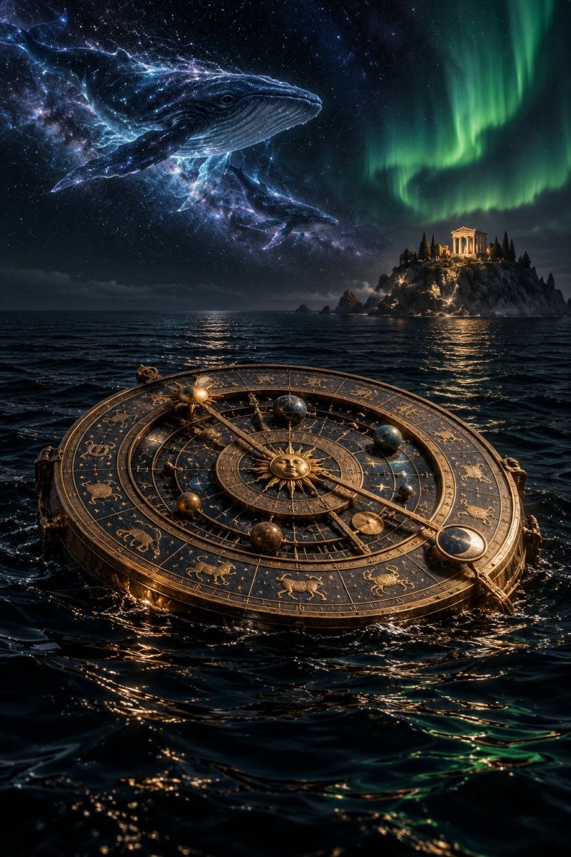 Astronomy celestial cosmic cosmos dark deep design dream dreams fantasy glow glowing golden goldenlight goldenlights hour sunset sunsets time In the center of the image, a large, intricately designed golden clock floats on the water. The clock face is adorned with various symbols, including zodiac signs, a sun, and a moon. Surrounding the clock are several floating golden spheres, each with a different symbol. In the background, a majestic whale swims gracefully through the water, its body illuminated by a soft, ethereal light. Above the whale, the night sky is filled with stars and a vibrant aurora borealis, casting a magical glow over the entire scene. In the distance, a small island with a temple on top is visible, adding to the mystical atmosphere.