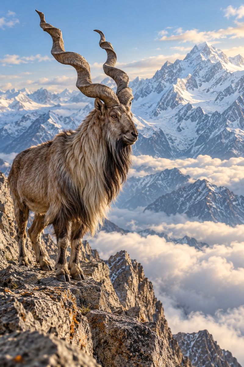 Animal wildlife mountain nature goat horn rugged rocky cliff sky cloud snow summit peak altitude majestic A majestic mountain goat stands on a rocky cliff, its long, curved horns and thick, shaggy fur visible against the back of snow-capped mountains. The goat's gaze is directed to the left, and it appears to be alert and aware of its surroundings. The sky above is clear and blue, with a few scattered clouds. The mountains in the background are covered in snow, and the overall scene is one of rugged beauty and natural grandeur.