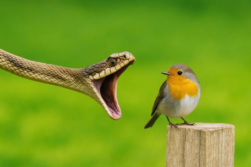 Serpent oiseau faune predateur proie nature animal reptile plumes danger survie ecologie interaction gros naturel monde comportement environnemental Un serpent avec un corps long et mince et une tête triangulaire est enroulé autour d'un poteau en bois, sa bouche grande ouverte comme s'il s'apprêtait à frapper. La peau du serpent a un motif d'écailles sombres et claires. Perché sur le poteau en bois se trouve un petit oiseau, peut-être un rouge-gorge, avec une poitrine orange vif et des ailes grises. Le fond est d'un vert vibrant, suggérant un cadre extérieur luxuriant.