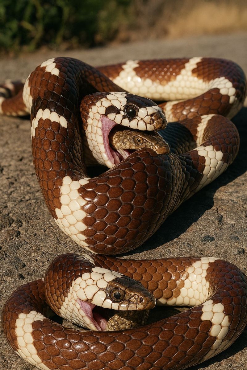 Serpent reptile animal faune nature air sol Deux serpents sont enroulés sur une surface de béton. Le serpent de gauche a un motif brun clair et blanc avec une tête brun foncé, et sa bouche est ouverte, révélant ses crocs. Le serpent de droite a un motif brun foncé et blanc, et sa tête est également brun foncé. Le serpent de droite mord le serpent de gauche, et les deux serpents ont une texture de peau brillante et luisante. L'arrière-plan est flou, avec quelques plantes vertes visibles.