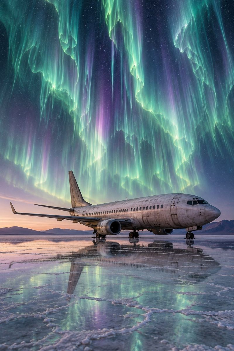 Avion aurore aviation beaute bleu nuages sombre destination reve reves vol vert glace nuit reflet boreale nordique Un avion est stationné sur un lac gelé sous un ciel rempli d'aurores boréales. L'avion est vieux et patiné, avec ses ailes largement déployées. Le ciel est d'un bleu profond, parsemé d'étoiles, et les aurores boréales sont éclatantes, avec des nuances de vert, de violet et de rose. Les lumières créent une magnifique lueur éthérée qui se reflète sur la surface du lac. Au loin, il y a des montagnes et le ciel passe des couleurs du crépuscule au bleu profond de la nuit.