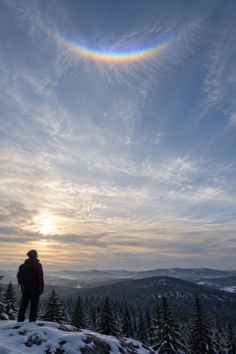 Snow mountain sky cloud tree forest hill sun sunlight sunrise sunset horizon backpack outdoors nature winter cold weather A person stands on a snowy mountain peak, gazing at a breathtaking sunset. The sky is a canvas of soft, pastel hues, transitioning from the warm glow of the setting sun to the cool blues of the evening. A rainbow-like halo, known as a circumzenithal arc, arcs gracefully across the sky, adding a magical touch to the scene. The person, dressed in a jacket and carrying a backpack, is surrounded by a dense forest of evergreen trees, their branches dusted with snow. In the distance, a range of mountains stretches out, their peaks partially obscured by the soft glow of the sunset.