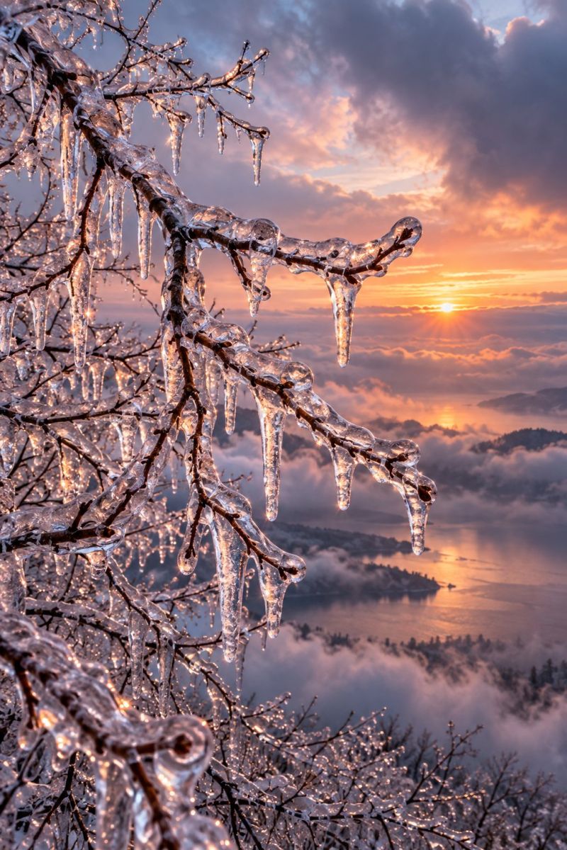 Sunset sky clouds ice tree nature water reflection mountain fog winter cold frost icicles branch outdoors atmosphere horizon The image showcases a tree branch covered in icicles, with the sun setting in the background. The icicles are long and pointed, hanging from the branches and reflecting the warm, golden light of the sunset. The sky is a mix of orange and pink hues, with clouds that are illuminated by the setting sun. Below the tree, there is a vast landscape of mountains and a body of water, possibly a lake or a river, with the water reflecting the colors of the sky. The overall scene is serene and picturesque, capturing the beauty of winter at sunset.