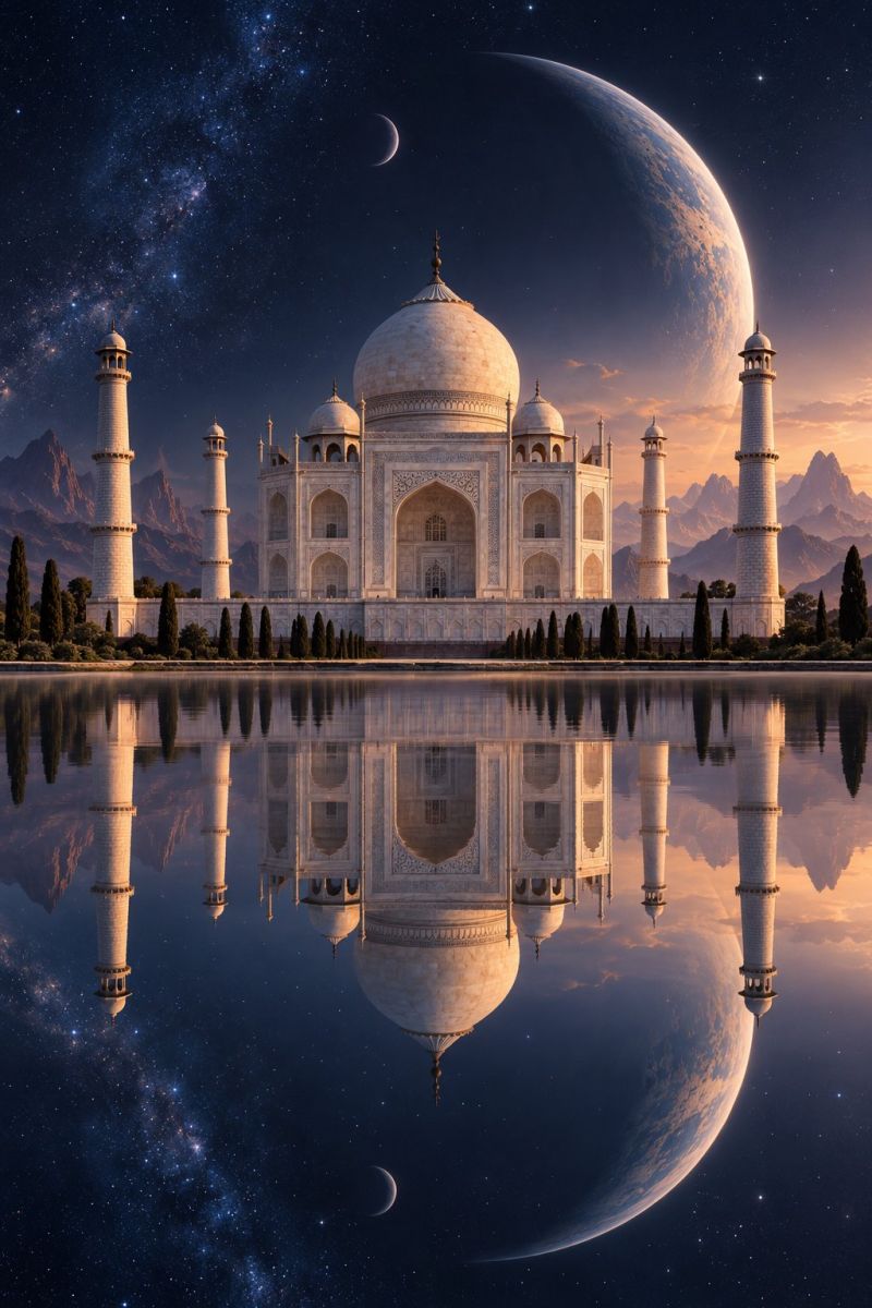 Architecture building dome india islamic marble monument night reflection sky structure tomb tower travel wonder world crescent moon taj mahal The image features the Taj Mahal, a white marble mausoleum in India, reflected in the still waters of a lake. The reflection creates a mirror image of the structure, including its domes and minarets. The sky is dark, with a crescent moon and a large planet visible, adding to the serene and mystical atmosphere. The Taj Mahal is surrounded by trees and bushes, and in the distance, there are mountains. The overall scene is peaceful and majestic, with the Taj Mahal standing out as a symbol of love and beauty.