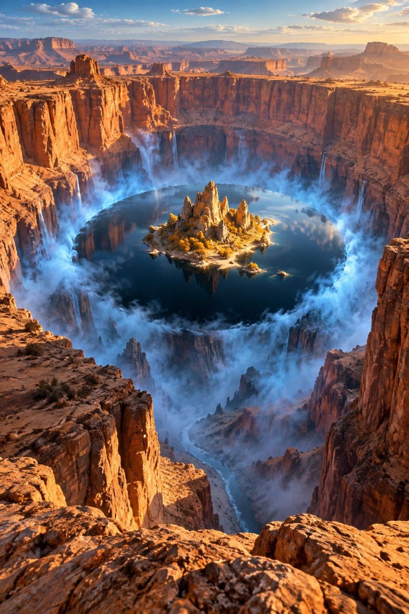 Aerial canyon cliff colorado desert fog geology mountain nature outdoors rock scenery scenic sunset waterfall grand national park state breathtaking aerial view of a vast canyon with a circular lake at its center. The lake is surrounded by rugged, rocky cliffs that are painted in shades of orange and brown. Waterfalls cascade from the cliffs into the lake, creating a misty effect. The sky above is a deep blue with scattered clouds, and the sun's rays illuminate the scene, casting warm, golden light on the landscape. The overall atmosphere is serene and majestic, with the mist and reflections adding to the mystical quality of the scene.