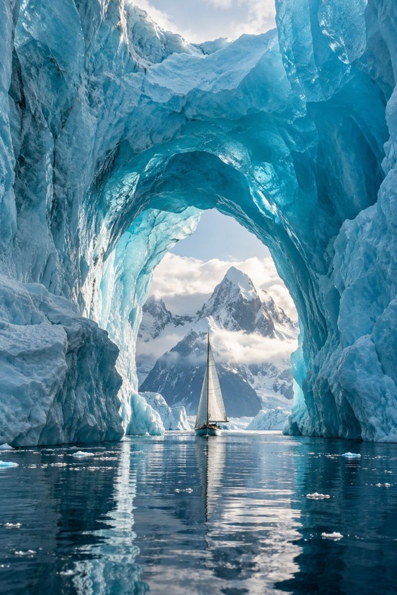 Iceberg bateau eau glace reflexion ciel montagne glacier voile nuage ocean icebergs Un voilier traverse un grand tunnel glacé au milieu d'un glacier. Le tunnel est constitué d'épaisses parois de glace bleues qui réfléchissent la lumière du soleil et créent un effet chatoyant. L'eau à l'intérieur du tunnel est calme et claire, avec le reflet du voilier et de la glace environnante. Au loin, il y a des montagnes enneigées et le ciel est clair avec quelques nuages.