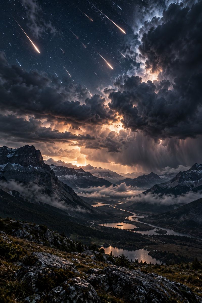 Mountains sky night clouds meteor meteorite meteoric meteorology shower storm rain fall impact debris trail streak flash explosion burst A dramatic night sky filled with numerous meteors streaking across the sky. The sky is dark with thick, dark clouds, and there is a bright, glowing light in the distance, possibly from a storm or a lightning strike. Below the sky, there are mountains with snow-capped peaks, and a river flows through the valley. The river is surrounded by trees and plants, and the mountains are covered in fog. The scene is illuminated by the light of the meteors and the distant glow.