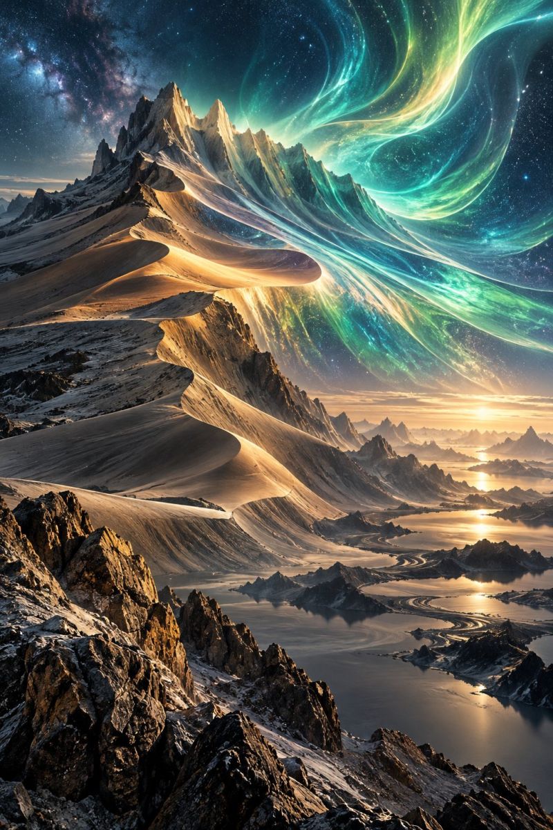 Mountain sky water rock cloud sunset sun sea beach hill sand desert ocean wave reflection star night aurora vast, otherworldly landscape with towering, jagged mountains and sweeping dunes. The sky is a deep, dark blue, filled with stars and a bright, glowing aurora that stretches across the horizon. The aurora is a mix of green, blue, and yellow hues, creating a surreal and vibrant effect. The mountains are covered in snow, and the dunes are golden, contrasting with the dark sky. In the distance, there are bodies of water reflecting the colors of the aurora, adding to the mystical atmosphere. The scene is both majestic and eerie, with a sense of vastness and isolation.