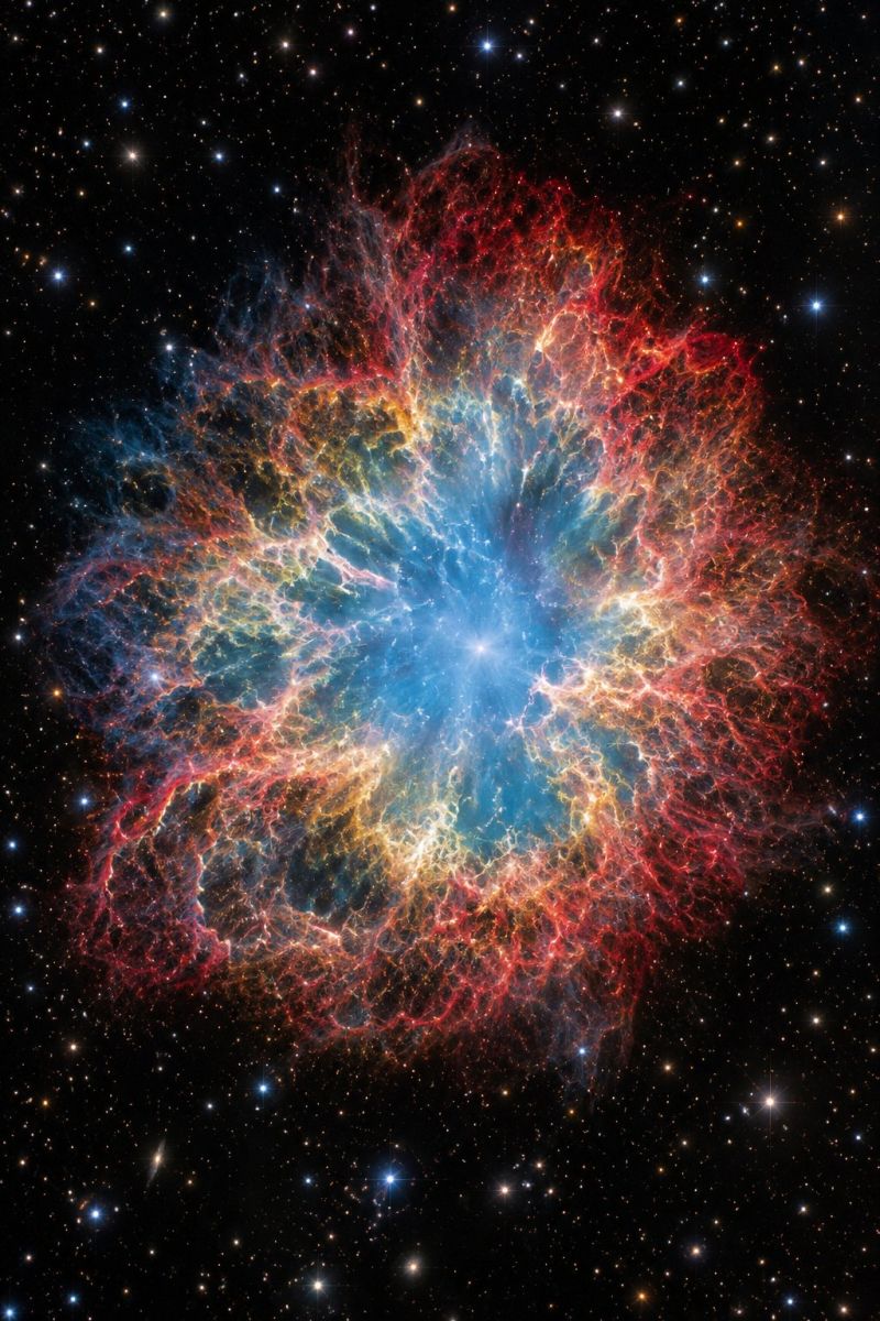 Nebuleuse espace galaxie etoile univers astronomie cosmique celeste astrophysique cosmologie explosion etoiles poussiere interstellaire supernova vest L'image montre une nébuleuse vibrante, principalement dans des tons de rouge, d'orange et de bleu. La nébuleuse est située au centre et se présente sous la forme d'un nuage complexe et tourbillonnant de gaz et de poussière. Il possède une zone centrale lumineuse, peut-être une étoile, entourée d'un réseau complexe de filaments et de vrilles. La nébuleuse a pour toile de fond un ciel étoilé et sombre, parsemé de nombreuses étoiles, ce qui ajoute à la scène cosmique. Les couleurs sont vives et contrastées, les bords de la nébuleuse se fondant dans l'espace sombre, créant une sensation de profondeur et de mouvement.