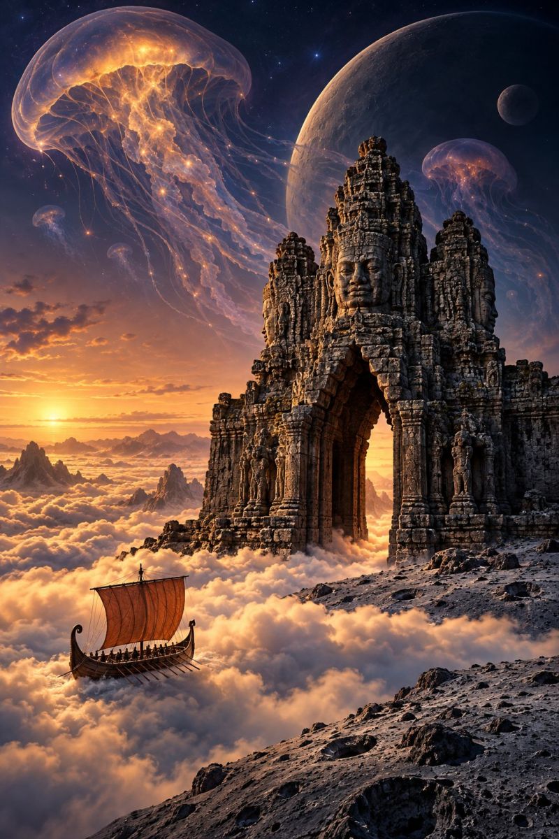 Temple architecture ancient ruins fantasy imagination clouds sky sunset horizon mountains ship boat water ocean waves sea nautical In the foreground, a Viking longship with a red sail glides through the clouds. The ship is detailed with oars and a crew, suggesting a journey. To the right, a large stone structure with intricate carvings and a grand archway dominates the scene. The structure is reminiscent of ancient temples, with statues and a weathered appearance. Above, two large jellyfish float gracefully in the sky, glowing with a soft, ethereal light. In the background, a large planet and a smaller moon are visible, adding to the surreal atmosphere. The sky is a mix of orange and blue hues, indicating either a sunset or sunrise.