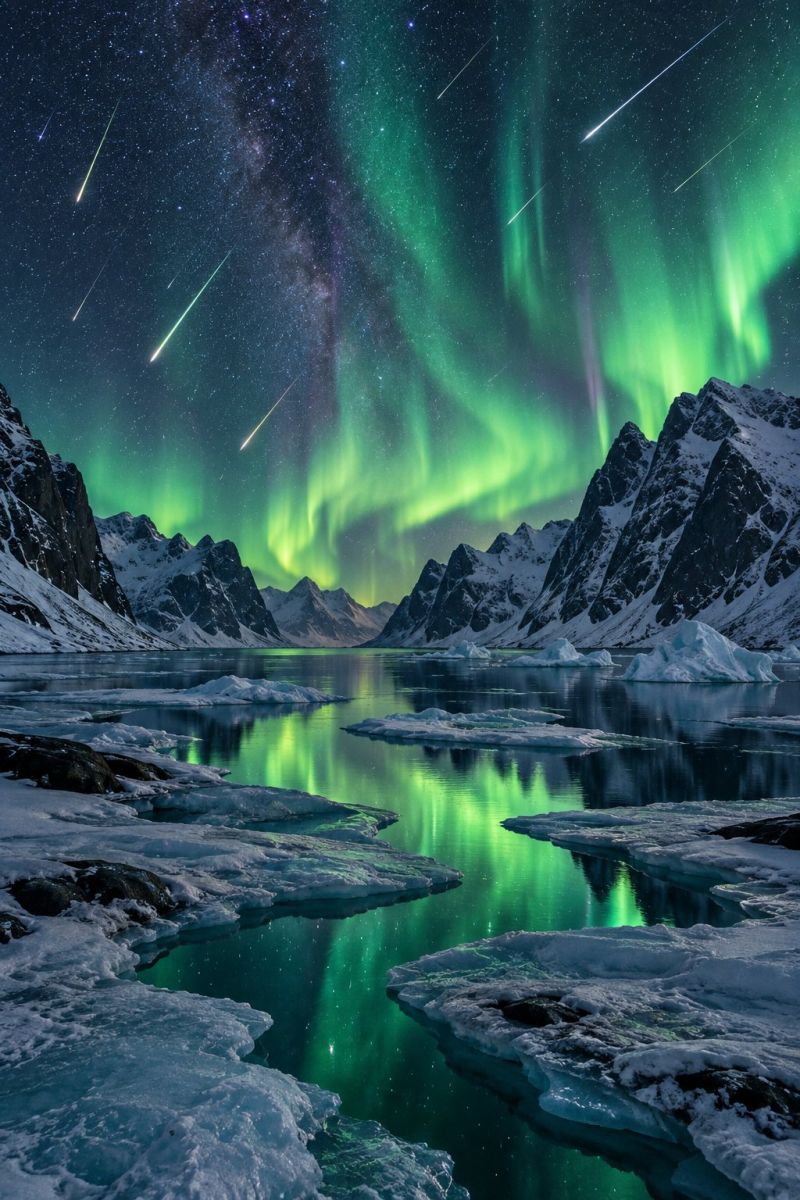 Night sky aurora meteor lake mountain water reflection ice snow nature outdoors star cloud dark glow beauty breathtaking night scene featuring the Aurora Borealis, or Northern Lights, illuminating the sky with vibrant green and purple hues. The auroras stretch across the sky, creating a mesmerizing display of light. The Milky Way galaxy is visible, adding to the celestial beauty. The scene is set in a mountainous region, with snow-covered peaks in the background. A serene body of water, possibly a fjord or a lake, reflects the colors of the auroras, creating a mirror-like effect. The water is dotted with floating ice chunks, adding to the wintery landscape. The overall atmosphere is tranquil and magical, with the lights of the auroras dancing across the sky and reflecting off the water.
