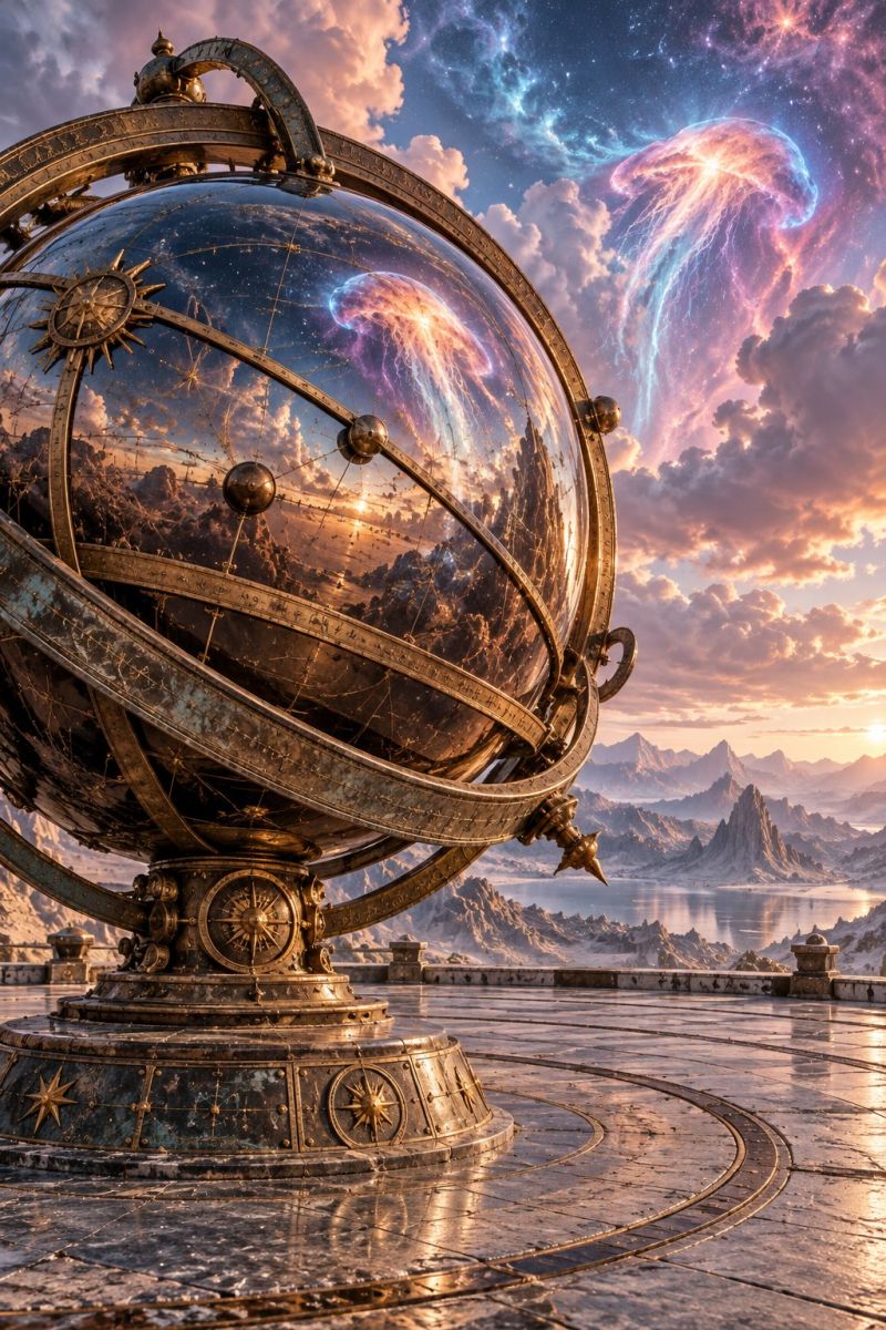 Globe astronomie celeste univers cosmos espace observation etoiles Un grand globe en laiton orné repose sur une plate-forme en pierre, reflétant le ciel et les nuages au-dessus. Le globe est minutieusement conçu avec des anneaux dorés et des accents métalliques. Derrière le globe, un ciel de coucher de soleil est visible, avec des teintes vibrantes d'orange, de rose et de violet. Dans le ciel, il y a deux grandes créatures rougeoyantes ressemblant à des méduses, dont l'une possède une longue queue traînante. L'arrière-plan présente un paysage montagneux avec une mer sereine et calme. La scène globale combine des éléments de fantaisie et de nature, créant une atmosphère mystique.