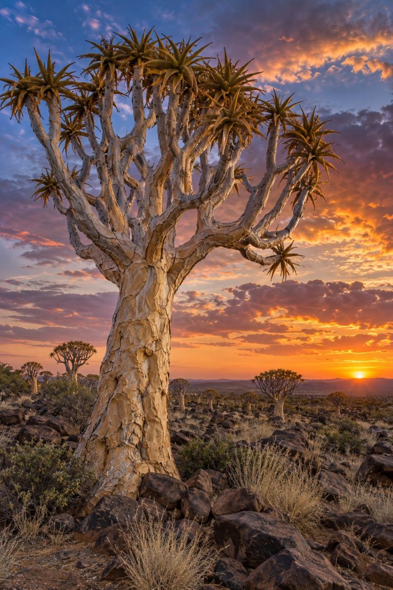 Tree sunset sky nature rock plant outdoors branch cloud hill forest desert mountain bush rocky rocks grass In the foreground, there is a large, unique tree with a thick trunk and a crown of spiky, yellow-green leaves. The tree stands out against the back of a vast, arid landscape. The sky is a mix of deep orange and blue hues, indicating the setting sun. The sun is partially obscured by clouds, casting a warm glow over the scene. In the distance, there are more trees and rocky terrain, with the ground covered in sparse vegetation. The overall atmosphere is serene and picturesque, capturing the beauty of nature at sunset.