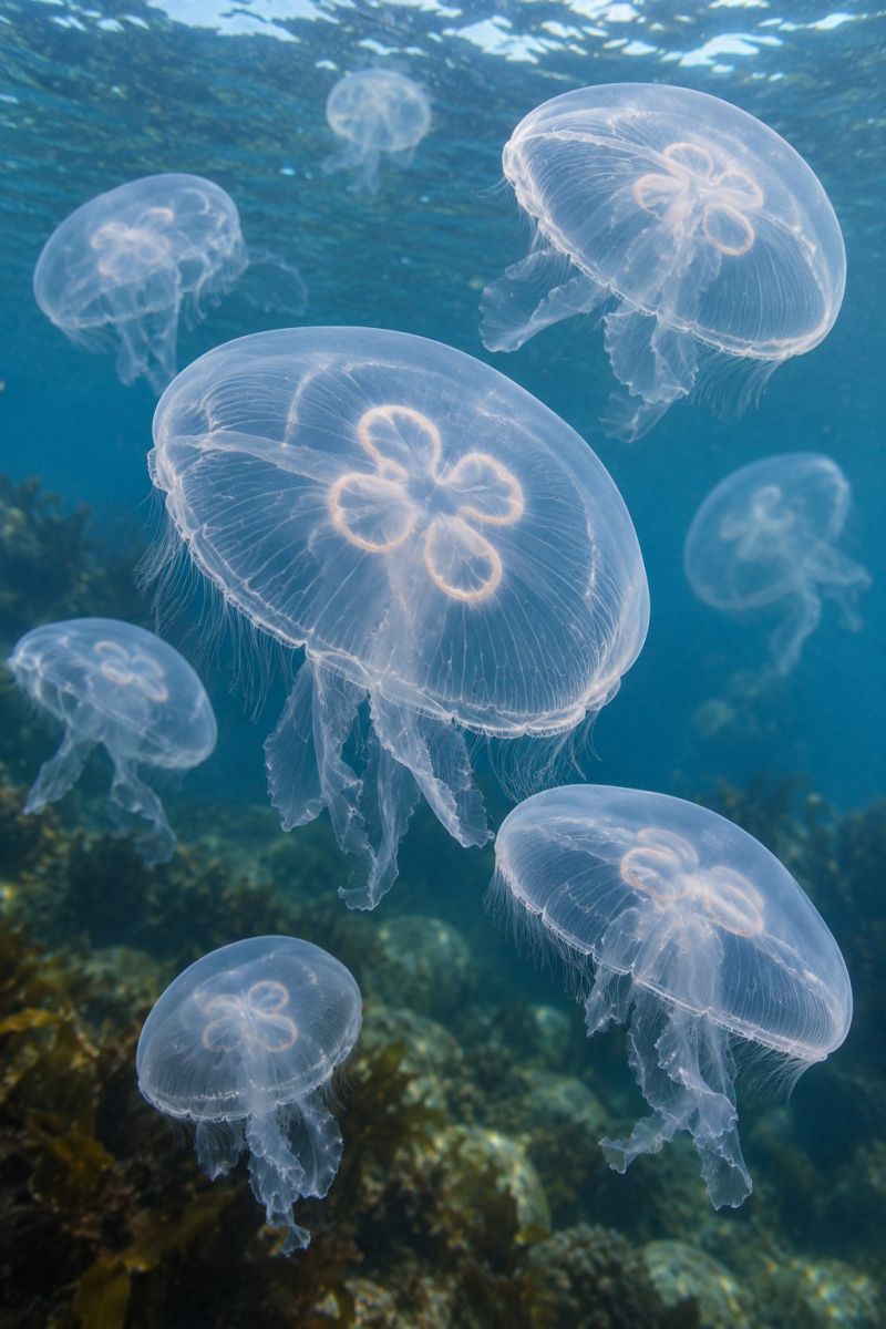 Meduse ocean sous marin mer natation transparent cloche tentacules aquarium bioluminescence poisson corail faune nature exploration vie recif creature il y a plusieurs méduses transparentes qui flottent dans l'océan. Les méduses ont un corps en forme de cloche avec de longs tentacules traînants. Les méduses sont de tailles variables, certaines semblant plus grandes que d'autres. Les méduses nagent en groupe et leurs tentacules se balancent doucement dans l'eau. L'eau de l'océan est claire et les méduses sont illuminées par la lumière du soleil, créant une scène sous-marine magnifique et sereine.
