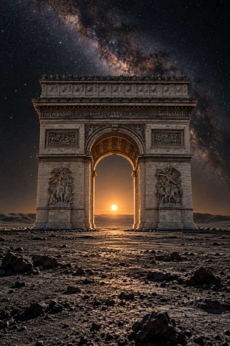 Architecture arche pont batiment classique sculpture temple L'image montre l'Arc de Triomphe du Carrousel, monument historique de Paris, en France, sur fond de ciel nocturne spectaculaire. Le monument est orné de gravures et de sculptures complexes, et son arche est illuminée par le soleil couchant, projetant une lueur chaleureuse sur le terrain rocheux environnant. Le ciel est rempli d'étoiles et de la Voie lactée, créant un décor céleste époustouflant. La scène évoque un sentiment d'émerveillement et d'émerveillement, mettant en valeur la beauté et la grandeur du monument et du monde naturel.