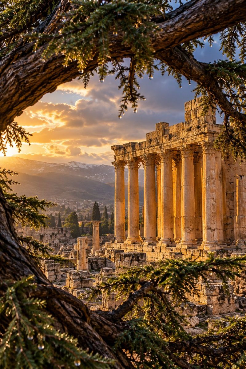 Ancien architecture baalbek batiment classique grec L'image montre un ancien temple majestueux au coucher du soleil, encadré par les branches d'un grand arbre. Le temple, avec ses grandes colonnes et ses murs de pierre, se dresse bien en vue sur fond de soleil couchant. Le ciel est un mélange d'oranges chaudes et de roses tendres, avec des nuages épars qui ajoutent de la texture. Au loin, une chaîne de montagnes est visible, avec des sommets enneigés sous un ciel dégagé. Le premier plan est rempli d'une végétation luxuriante, notamment d'arbres et d'arbustes, qui ajoutent de la profondeur et du contraste à la scène. L'atmosphère générale est sereine et intemporelle, évoquant un sentiment de grandeur historique.