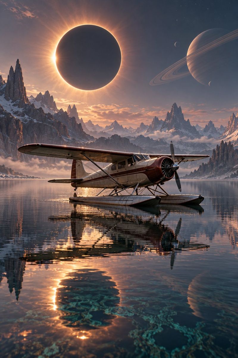 Eau ciel montagne hydravion mer lac reflet un petit hydravion repose sur la surface calme d'un lac. L'avion a un design classique avec une hélice à l'avant et flotte de chaque côté. Le ciel au-dessus est un mélange de teintes orange et bleu, indiquant un lever ou un coucher de soleil. À l'arrière-plan, plusieurs corps célestes sont visibles, dont une grande planète avec des anneaux, une lune plus petite et une grande planète sombre qui semble être au milieu d'une éclipse solaire. Le paysage autour du lac est montagneux, avec des sommets enneigés et des falaises rocheuses. L'eau reflète le ciel et l'avion, créant une scène sereine et pittoresque.