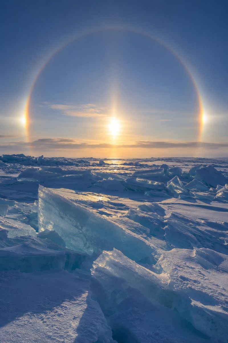 Snow ice sun sky horizon sunrise sunset clouds water reflection nature outdoors weather atmosphere brightness temperature The image captures a breathtaking scene of a sun halo over a vast, icy landscape. The sun is setting on the horizon, casting a warm, golden light across the sky and the icy terrain. The halo around the sun is a complete circle, with a bright, white ring surrounding the sun, creating a stunning visual effect. The sky is a deep blue, with scattered clouds adding texture and depth. The foreground is dominated by large, jagged ice blocks, some of which are partially submerged in the snow. The ice reflects the sunlight, creating a shimmering effect. The overall scene is serene and majestic, showcasing the beauty of nature in a frozen environment.