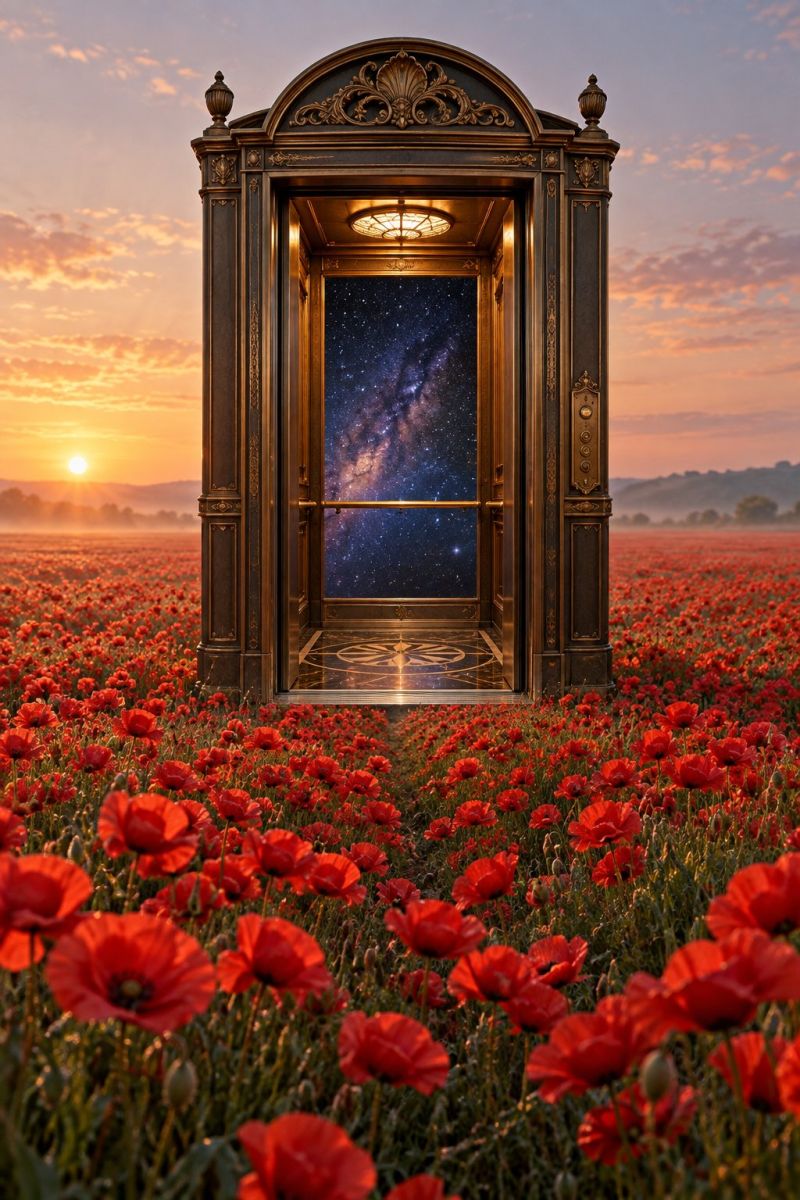 Elevator door field flowers night sky space stars sun sunset travel universe window beauty dream fantasy imagination inspiration In a vast field of bright red poppies, a grand, ornate elevator stands open, its doors revealing a shimmering, starry night sky. The elevator is made of dark, intricately designed metal, with golden accents and a glowing light inside. The sky within the elevator is filled with stars, galaxies, and a sense of deep space. The sun is setting in the background, casting a warm, golden glow over the scene. The field is surrounded by a gentle fog, and in the distance, mountains are faintly visible.
