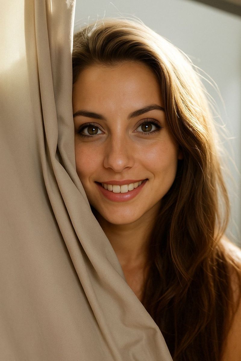 Smiling woman hair eye eyebrow lips teeth skin curly dark shine A woman with long, wavy brown hair is smiling and peeking out from behind a beige curtain. Her face is illuminated by a light source, possibly from the right side, casting a soft glow on her skin. She has brown eyes, arched eyebrows, and a small mole on her right cheek. Her lips are slightly parted, revealing her teeth, and she appears to be posing for a photograph. The background is a plain, light-colored wall.