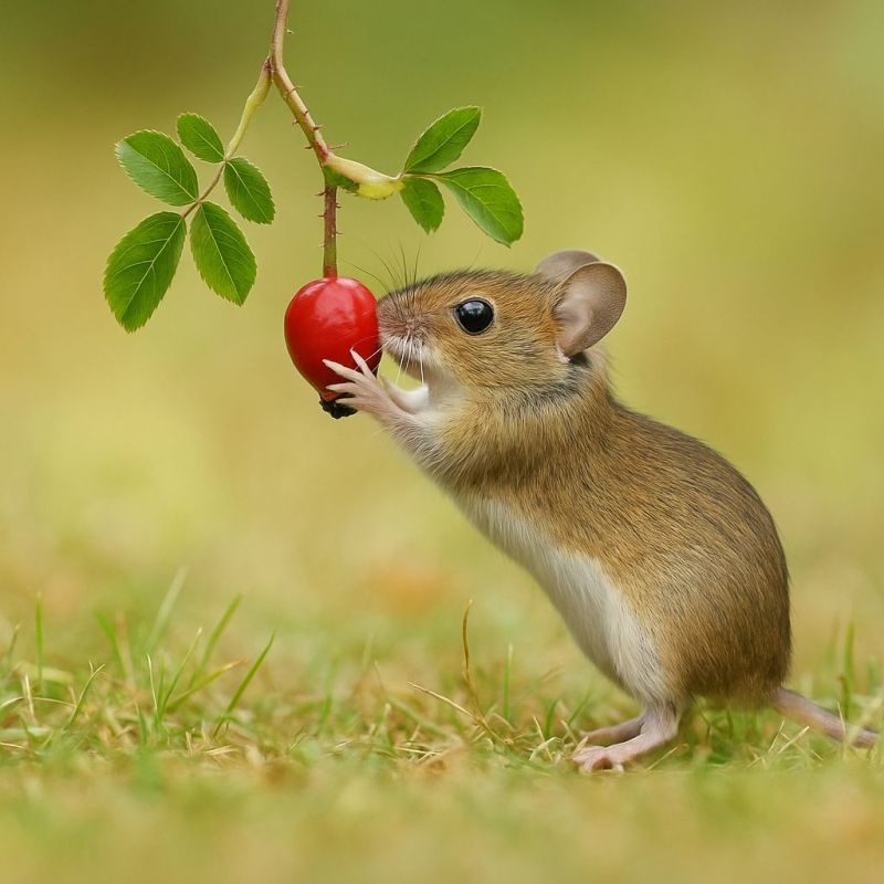 Souris baie plante feuille nature animal air faune rongeur herbe nourriture manger petit mignon gros vert rouge journee soleil Une petite souris se tient sur l'herbe, tenant une baie rouge vif dans ses pattes. La souris a un corps brun avec un ventre blanc, et ses oreilles sont grandes et rondes. Les yeux de la souris sont noirs, et elle semble regarder la baie. La souris est entourée de feuilles vertes, et l'arrière-plan est flou.