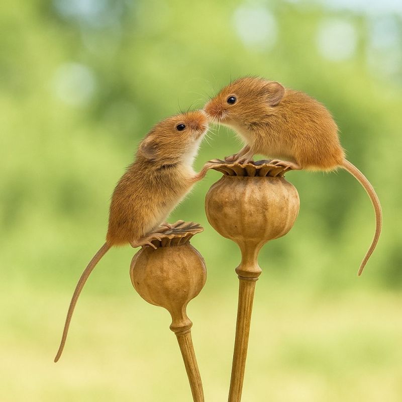 Animal faune nature rongeur souris baiser amour affection herbe plante fleur tige bourgeon graine vert brun mignon mignonnerie Deux petites souris brunes sont perchées sur le dessus de fleurs de pavot séchées. La souris sur la gauche fait face à la souris sur la droite, et elles semblent interagir étroitement, peut-être en se toilettant ou en communiquant. Leurs queues sont étendues derrière elles, et leurs corps sont positionnés de manière à suggérer qu'elles sont en équilibre sur les têtes de pavot. L'arrière-plan est un vert doux et flou, indiquant un cadre extérieur avec du feuillage.