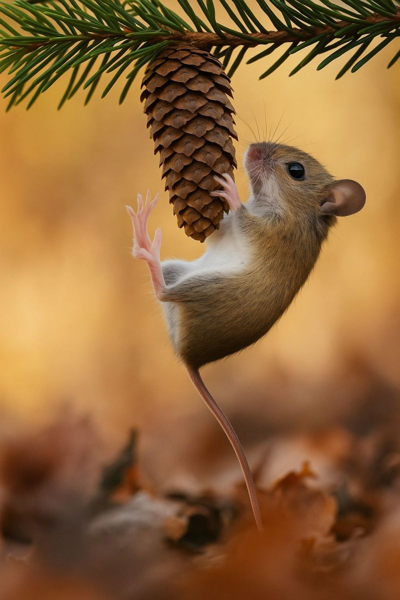 Mouse nature wildlife autumn forest animal tree leaf ground branch rodent outdoors climbing hanging pine cone A small mouse is hanging upside down from a pine cone on a tree branch. The mouse has a light brown body with a white underbelly, and its tiny paws are gripping the pine cone. The pine cone is brown and textured, and it is attached to a branch with green needles. The background is blurred, with a warm, yellowish hue.