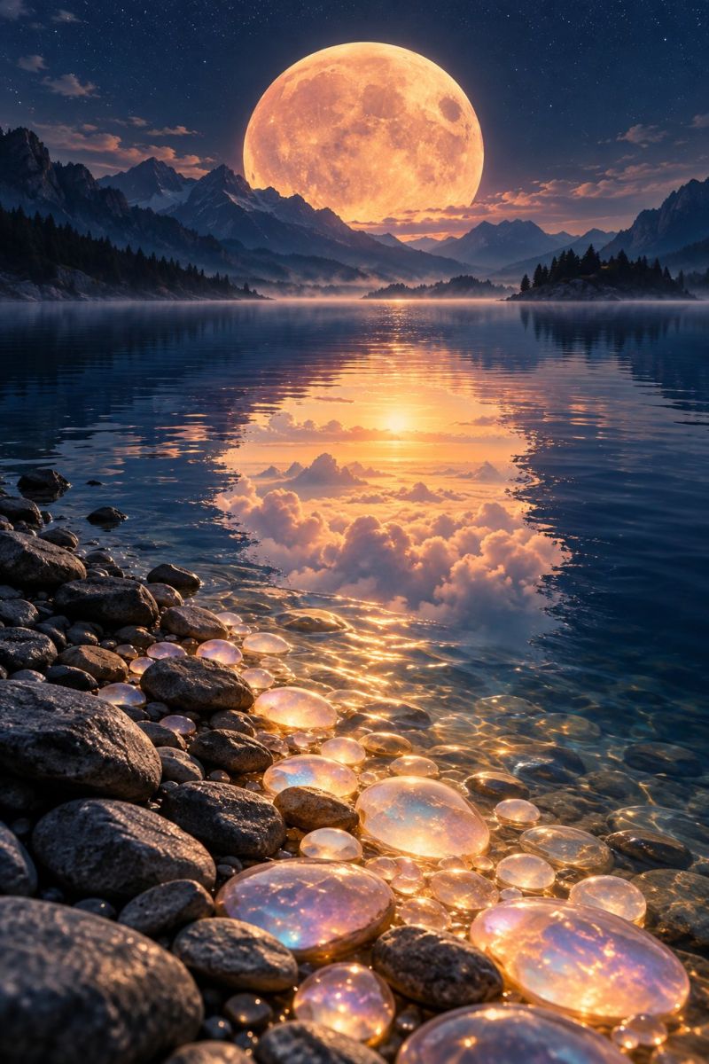 Lac eau rochers lune nuit ciel montagnes nuages reflet coucher soleil nature bulles brouillard arbres ile etoiles beaute Une scène nocturne sereine met en scène une pleine lune se levant au-dessus d'un lac tranquille. La lumière de la lune se reflète sur l'eau, créant un effet chatoyant. Le lac est entouré de rochers et de galets, et quelques bulles flottent à la surface. Le ciel est bleu foncé, parsemé d'étoiles, et l'horizon est bordé de montagnes. Les montagnes sont couvertes d'arbres et dégagent une atmosphère brumeuse. La scène est paisible et pittoresque, le clair de lune projetant une lueur chaleureuse sur le paysage.