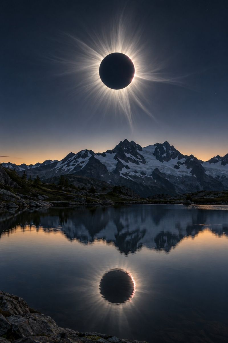Montagnes lac ciel soleil reflet eau lever coucher nature horizon nuages rochers arbres neige soiree obscurite montagne chaine L'image capture une scène époustouflante d'une éclipse solaire totale. Le soleil est complètement masqué par la lune, créant une silhouette sombre sur la couronne lumineuse et rougeoyante du soleil. L'éclipse se déroule sur fond de majestueuses montagnes enneigées, dont les sommets reflètent les teintes douces et chaudes du soleil couchant. Le ciel est d'un bleu profond, passant à un bleu plus clair près de l'horizon. Sous les montagnes, un lac serein reflète l'événement céleste, le reflet du soleil créant un motif circulaire à la surface de l'eau. L'eau est calme et les reflets des montagnes et du ciel sont clairs et distincts. La scène d'ensemble est un mélange harmonieux de beauté naturelle et de merveilles cosmiques.