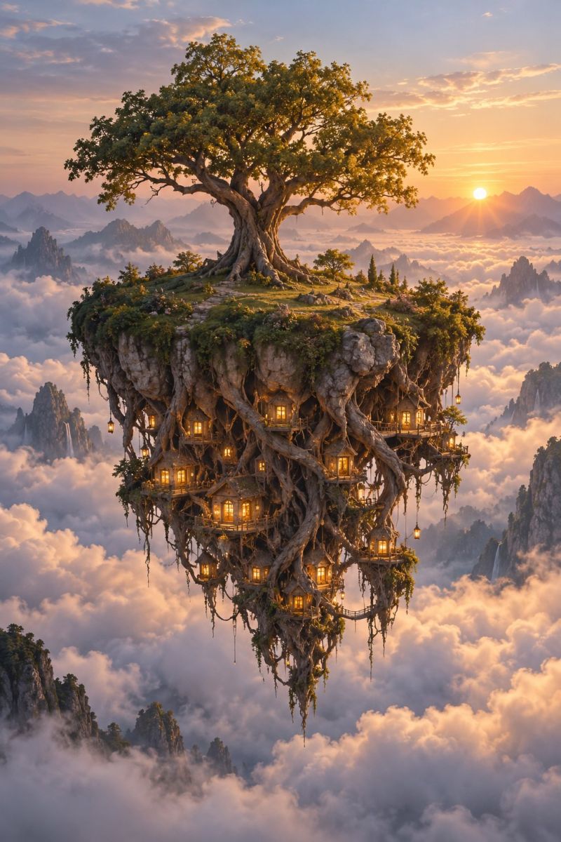 Fantasy treehouse clouds mountains sunset lamps imagination architecture nature dream adventure escape wonder magic enchantment inspiration creativity surreal scene with a large tree growing on a floating island in the sky. The tree has a thick trunk and sprawling branches that extend outwards, with several small houses built into the branches. The houses are illuminated by warm, glowing lights, creating a cozy and inviting atmosphere. The floating island is surrounded by clouds, and in the distance, there are mountains and a setting sun. The sky is a mix of orange and pink hues, adding to the magical and fantastical feel of the scene.