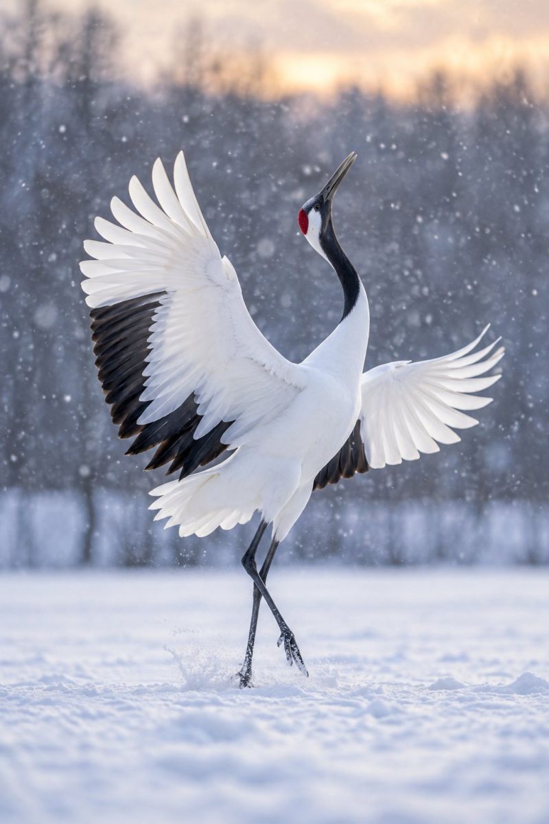 Oiseau grue vol neige aile nature air animal faune plume ciel sol Un grand oiseau blanc au bout des ailes noires est en plein vol, les ailes largement déployées. L'oiseau a un cou long et élancé et une tache rouge sur le visage. Il se tient sur un sol enneigé, entouré de flocons de neige. À l'arrière-plan, des arbres sont couverts de neige et le ciel est d'une couleur douce et sourde, ce qui indique peut-être l'aube ou le crépuscule.