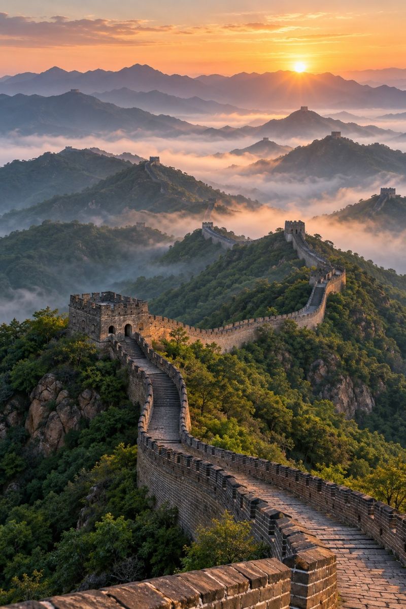 Aerial ancient architecture asia brick building china chinese city country culture destination fort fortification fortified great history landmark mou The image captures the Great Wall of China at sunrise, with the sun rising behind a series of misty mountains. The wall, made of brick and stone, winds along the mountain ridge, with watchtowers and battlements visible along its length. The wall is flanked by lush greenery, including trees and shrubs, and the mist adds a mystical quality to the scene. The sky is a mix of orange and pink hues, indicating the early morning light. The mountains in the background are shrouded in fog, creating a sense of depth and distance. The overall atmosphere is serene and majestic, highlighting the historical and natural beauty of the Great Wall.