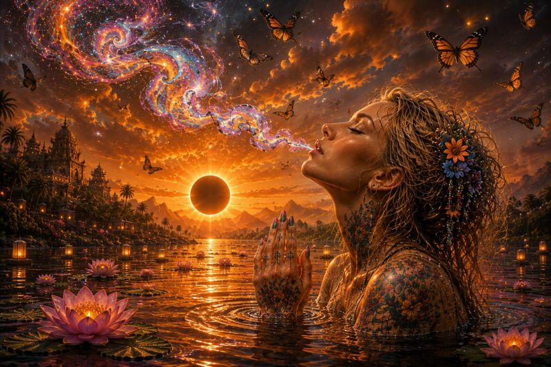 Woman water flower butterfly sky sun cloud sunset lake nature painting fantasy dream imagination magic mystical spirituality meditation a woman with long, flowing hair and tattoos on her arms and chest is standing in a serene body of water, possibly a lake or a river. She is blowing a colorful, spiral-shaped smoke that ascends into the sky. The sky is a dramatic mix of orange and pink hues, indicating a sunset or sunrise. The sun is partially obscured by clouds, creating a dramatic effect. In the background, there are silhouettes of buildings and mountains, adding to the mystical atmosphere. The water is calm, with floating lotus flowers and small, glowing lanterns that reflect the colors of the sky. Above the woman, several butterflies with vibrant wings are flying, adding to the ethereal quality of the scene.