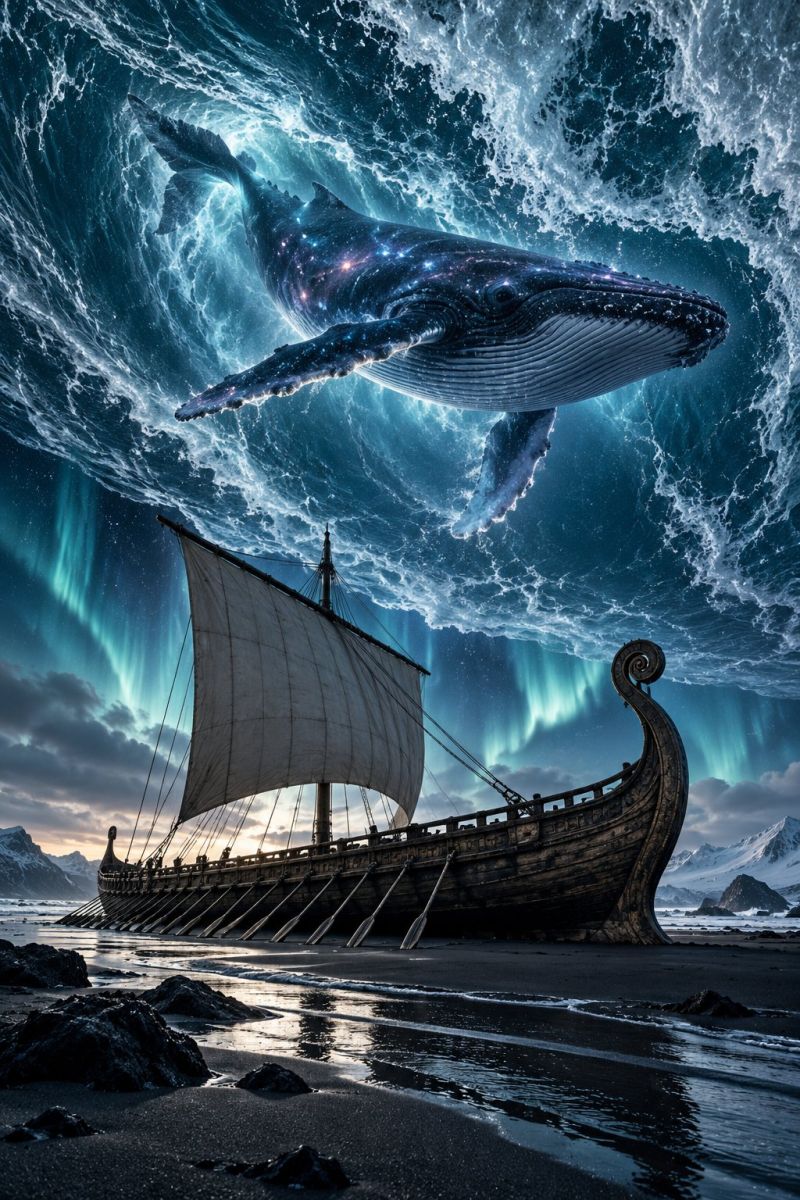 Boat ship water ocean sea waves whale aurora sky night rocks beach mountains snow ice clouds reflection Viking ship resting on a dark beach, with its sail furled and oars neatly arranged along the sides. The ship is positioned centrally, with the bow facing the viewer. Above the ship, a massive humpback whale breaches the surface of the water, its body glowing with a starry pattern, creating a surreal and mystical atmosphere. The water around the whale is turbulent, with waves crashing against the ship. The sky is filled with vibrant green and pink auroras, adding a magical and otherworldly touch to the scene. In the background, snow-capped mountains and a cloudy sky complete the dramatic landscape.